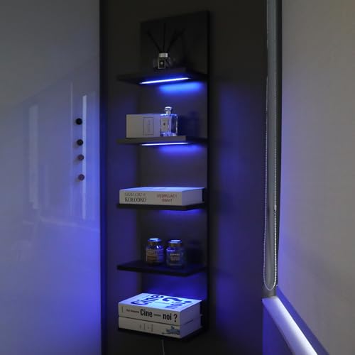 5 Tier Wall Shelf Unit, RGB Lack Shelf, Vanity Shelves with Light,Black Shelves for Room,Office,Bathroom,Remote Control - color: 5 Tier Rgb Black