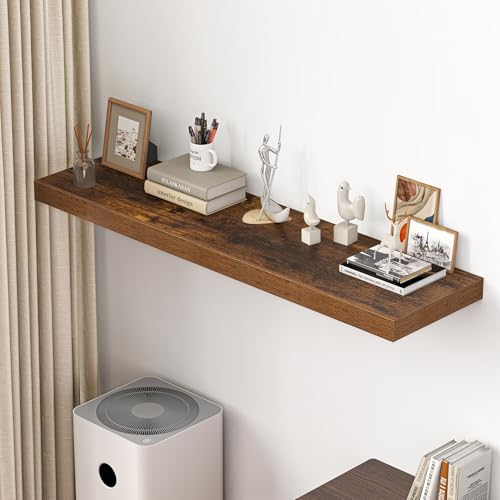 Dreamland 55" Floating Shelves for Wall, 12" Deep Thicker Floating Shelves, Wall-Mounted Shelves for Bedroom, Living Room, Kitchen, Bathroom,Rustic Brown - Set of 1 - color: Rustic Brown, size: 55"W x 12"D x 2"H, Set of 1
