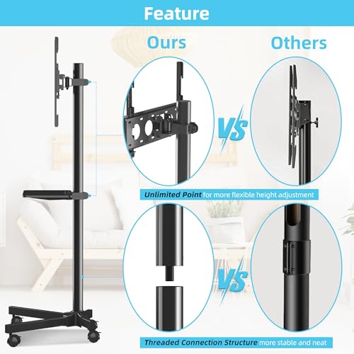 Mobile TV Carts on Wheels for 21-60 Inch Flat/Curved Panel Screens TVs - Height Adjustable Floor Trolley Stand with Shelf Holds up to 77lbs - Max VESA 400x400mm - color: Black High Quality