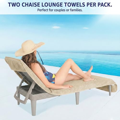 American Soft Linen 2 PACKED Chaise Lounge Covers with Pocket, 86"x32" Oversized Beach Pool Lounge Chair Towels (Beige Chair Towel, 2 PIECE) - color: Beige Chair Towel, size: 2 PIECE