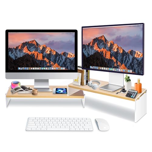 YGYQZ Adjustable Monitor Stand Riser with Acrylic Legs丨19.3" Length Dual Monitor Stand for Desk丨2-Tier Wood Desktop Organizer for Computer, Laptop, Printer & PC丨Modern Aesthetic Desk Shelf(wood-wavy) - color: wood-wavy, size: 7.67' W*19.3L