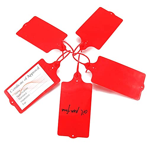 100 Plastic Shipping Tags - Waterproof, Writable, Hanging Tags with One Red Marker Pen - color: Red