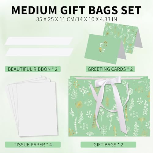 woric 13.7" Sage Green Gift Bags for Women, 2 Pcs Gift Bag with Handles | 2 Pcs Bag with Tissue Paper & Cards, Wedding Bridal Shower, Birthday Baby Showers, Special Occasions - color: Sage green