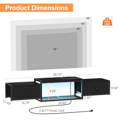 Snughome Floating TV Stand Wall Mounted with Power Outlet 55", Floating Entertainment Center with LED Lights, Floating TV Shelf with Drawer, Wall Mounted Media Console Shelf for Living Room, Bedroom - color: Black, size: 55.12" x 11.02" x 6.5"
