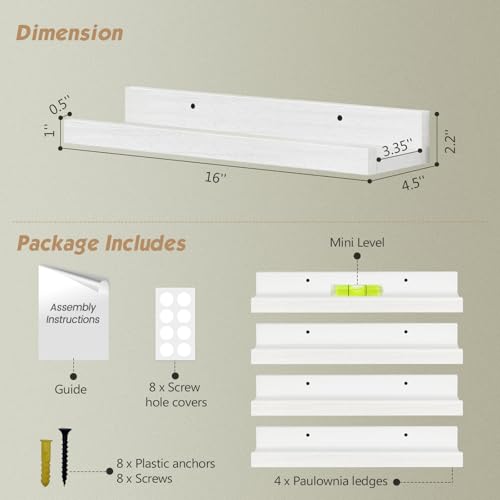 Forbena White Picture Ledge Shelf, Floating Shelves with Lip for Bedroom Books, Corner Nursery Book Shelves Wall Mounted for Small Spaces Office Baby Child Kids Room Art Decor (4-Pack, Real Wood) - color: White, size: 16 Inch