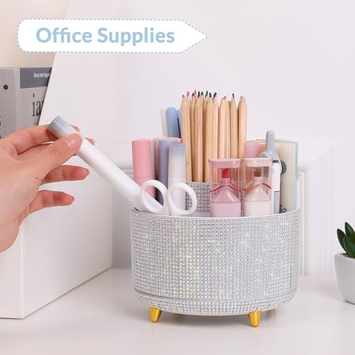 SKYDUE 360 Degree Rotating Desk Organizer, Shining Dual-Purpose Rhinestone Pencil Pen Holder, Rotating Desk Pen Organizer with 5 Slots, Rhinestone Pencil Cup for Office, School, Home - color: Crystal White_1Pack