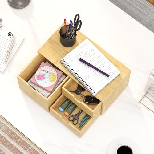 Wisuce Desk Organizer with Drawers - Bamboo Desktop Organizer Storage | White-Natural Wood Desk Drawers Organizer for Bills, Office Supplies, Cosmetics, Seals No Assembly Required(3 drawers edge-free) - color: Natural-3 Drawers Left Right, size: 12.99”L x