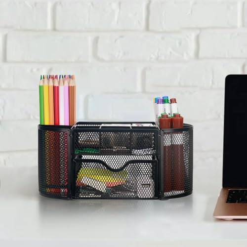 Comix Mesh Pen Pencil Holder Desk Organizer, 8 Compartment and 1 Drawer Wire Desktop Pen Pencil Cup Caddy Office Supplies Accessories for Home Office School, Black - color: 8 Compartments