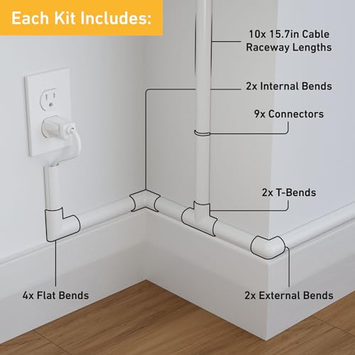 D-Line 157in Cord Cover Kit, Self-Adhesive Wire Hiders, Paintable Cable Raceway to Hide Wires on Wall, Electrical Cable Management - 10x 15.7 Lengths & 19 Accessories - 1.18" (W) x 0.59" (H) - White - color: White, size: 1.18in (W) x 0.59in (H)