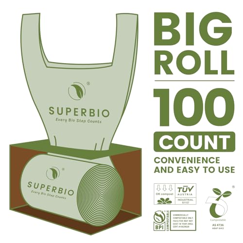 SUPERBIO 2.6 Gallon Compostable Bags, 100 Count, 2 Pack, 9.84L, Handle Tie Food Waste Bags, BPI and OK compost INDUSTRIAL Certified - color: 2.6 gallon, 200 count