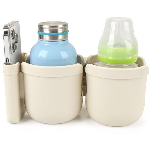 Accmor Stroller Cup Holder with Phone Holder, Bike Cup Holder, Universal Cup Holder for Uppababy Nuna Doona Strollers, 2-in-1 Cup Holder for Walker, Wheelchair, Scooter - color: Double Holder-All Off White
