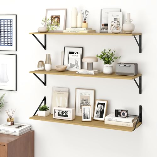 Fun Memories Deep Floating Shelves for Wall, 36W x 8D Wall Mounted Shelves Set of 2, Wide Display Ledge Shelf with Sturdy Metal Brackets for Living Room, Bathroom, Bedroom and Kitchen, Oak - color: A-oak, size: 36"w x 8"d