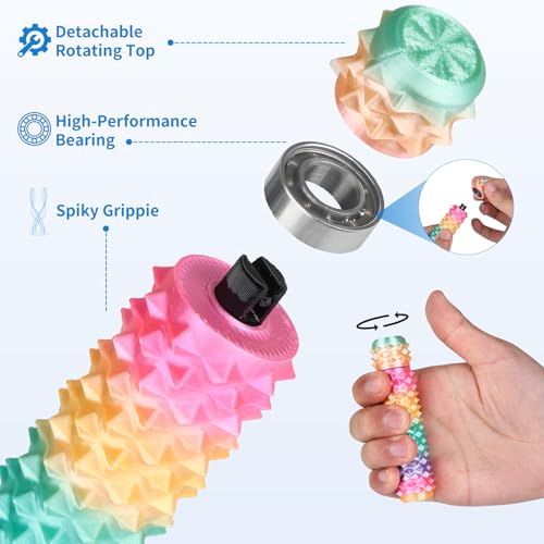 Little Ouchies Pain Stim Fidget Toy, 3D Printed Pocket Spiky Keychain with Clicker Button Spinner Sensory Toys for Anxiety Focus & Stress Reduction Novelty Gifts(Yellow Green+Rainbow Candy) - color: Yellow Green+rainbow Candy