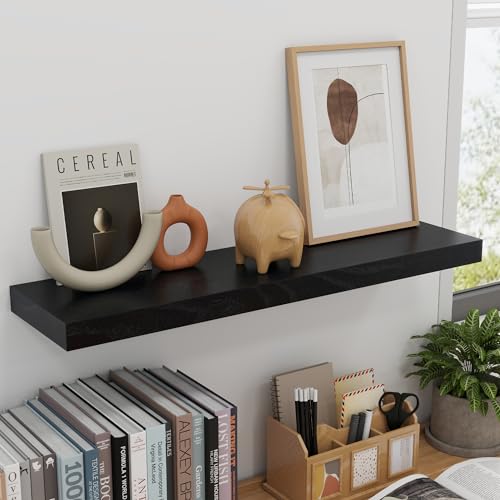 fuqing 30 Inch Floating Shelves for Wall, Black Wood Floating Shelves Set of 2, 30 Inch Wide x 6.7 Inch Deep Wooden Shelves for Living Room Bedroom Bathroom Home Office - color: Black, size: 30 Inch