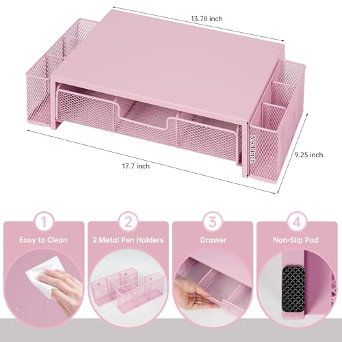 Qupui Computer Monitor Stand Riser with Drawer and Pen Holders, Desk Organizer Shelf and Accessories, Office Desk Accessories, Office Organization, Pink - color: Pink with Drawer