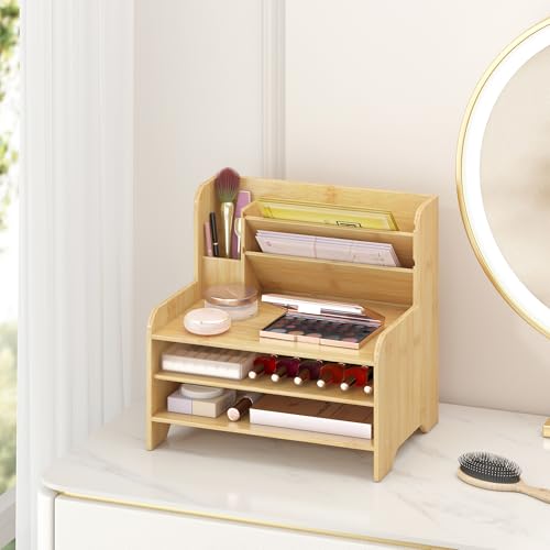 Bamboo Desk Organizer Mail Holder Countertop Letter Tray File Organizer for Desk Letter Sorter Paper File Storage for School Home Office Supplies - color: Nature, size: Large