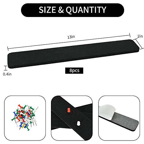 Vuzvuv 8 pcs Bulletin Board Bar Strips with 50 Pushpins & 10 Wooden Clip pins,Self Adhesive Cork Board for Wall,Felt Pin Board for School,Office Decor(Black) - color: Black