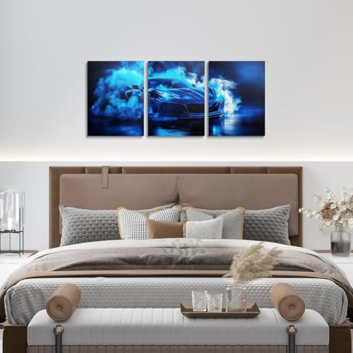 Boys Sports Car Canvas Wall Art Set of 3,Cool Blue Race Car Wall Art for Kids Boys Girls Teens,3D Foggy Racing Cars Decor,Extreme Sports Theme Poster Prints Racing Games Race Cars,12x16 - color: Blue