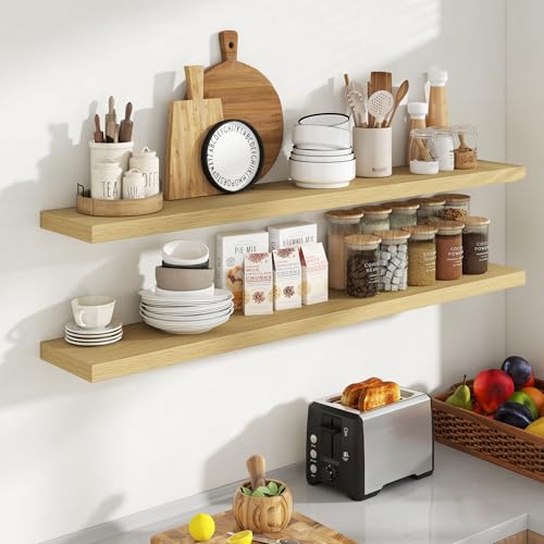 Acovy 55 Inch Floating Shelves, 8 Inch Deep Floating Shelves for Wall, Hanging Shelf with Invisible Brackets, Deep Shelves for Bathroom, Bedroom, Living Room, Oak, Set of 2 - color: Oak, size: 8"Wx55"L-2pcs
