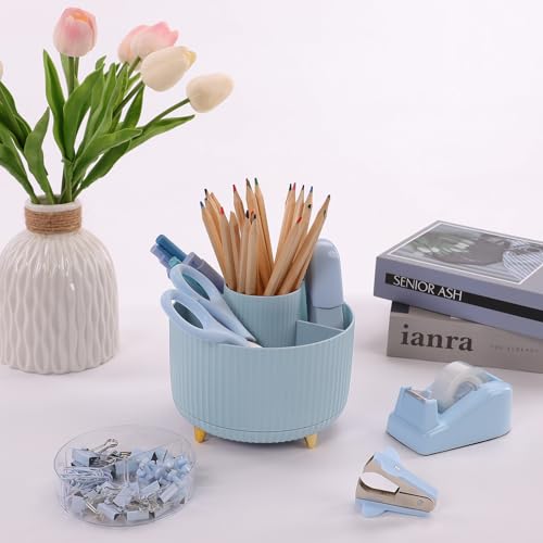 SKYDUE Desk Organizers and Accessories 10Pcs, 360-Degree Rotating Pen Holder, Stapler, Staple Remover, Tape Dispenser,2pcs Tape Refills, Binder Paper Clips Kit, Scissor (Blue) - color: Blue