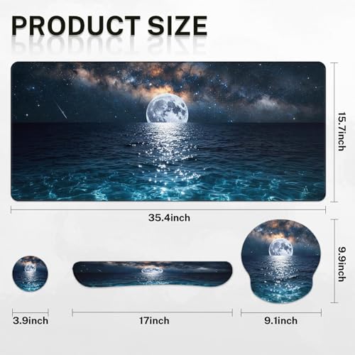 Arttown Moonlight Night Desk Mat Seascape Mouse Pad Set 4 in 1 Romantic Wave Ergonomic Design Large Desk Pad + Keyboard Wrist Rest + Mouse Wrist Rest + Coaster Suitable for Home Office Study Game - color: Moonlight Night