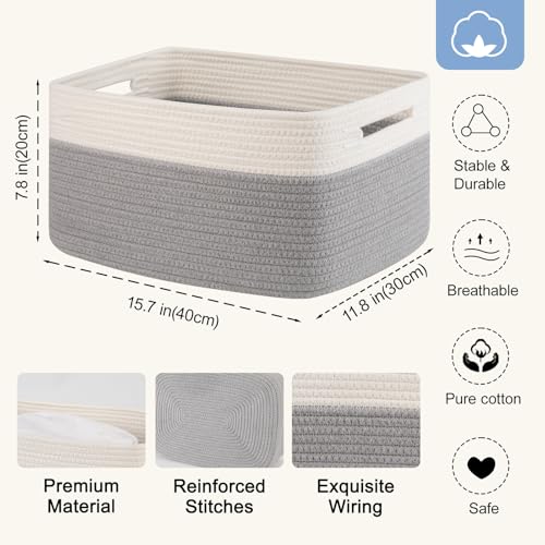 4 Pack Storage Baskets for Organizing, Woven Baskets for Shelves - Perfect for Toys, Books, Towels, and Clothes, Durable Gift Basket Bins Toy Storage, 15.7''Lx11.8''Wx7.8''H, Grey and White - color: Grey & White, size: Large/15.7''Lx11.8''Wx7.8''H