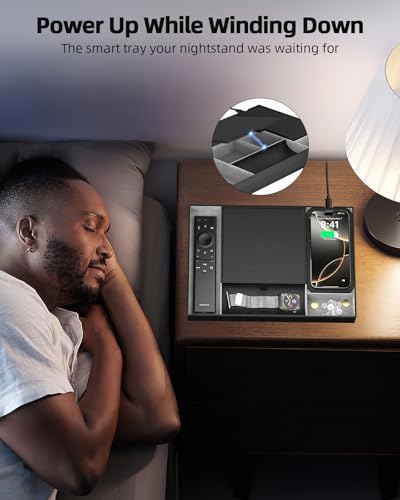 Leather Valet Tray with Wireless Charging Pad - Luxury EDC Nightstand Organizer for Men - Premium Desk Tray for Phone, Watch, Glasses & Keys - Sleek Office Desk Accessories & Gift for Him (Black) - color: Black with Lid