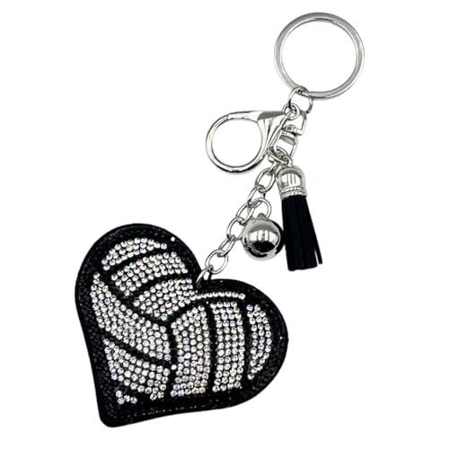 Rhinestone Heart Sports Keychain for Women Men, Bling Baseball Football Tennis Volleyball Love Heart Keyring with Tassel - color: Volleyball