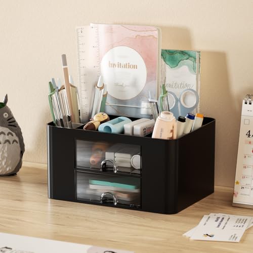 Stationary Organiser 7-Grid Desk Organizer with Drawer – Multifunctional Plastic Table Organizer & Pen Holder for School, Office, and Home (Black) - color: Black