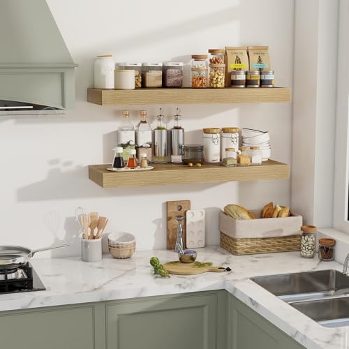 Acovy 36 Inch Floating Shelves, 12" Deep Floating Shelf Wall Mounted, 36" Wall Shelves, Rustic Deep Bookshelf, Extra Deeper & Thicker Display Shelves for Bedroom, Living Room, Oak, Set of 2 - color: Oak, size: 12"Wx36"L-2pcs