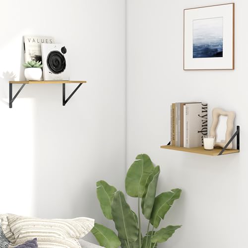 Fun Memories Deep Floating Shelves for Wall, 16W x 8D Wall Mounted Shelves Set of 2, Wide Display Ledge Shelf with Sturdy Metal Brackets for Living Room, Bathroom, Bedroom and Kitchen, Oak - color: A-oak, size: 16"w x 8"d