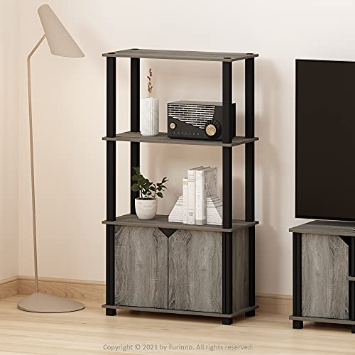 Furinno Brahms 4-Tier Multipurpose Bookcase/Bookshelf/Display Shelf/Display Rack with Door, French Oak Grey/Black - color: French Oak Grey/Black, size: 4-Tier with Cabinet