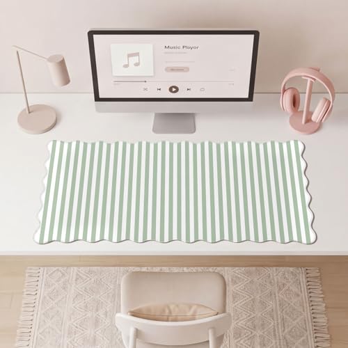 Striped Scalloped Mouse Pad,Cute Kawaii Green Stripes Large Desk Mat Non-Slip Rubber Base,Aesthetic Decor Gaming Computer Desk Pad for Office Laptop Mouse Keyboard Pad, XL 31.5" x 15.7" - color: Green
