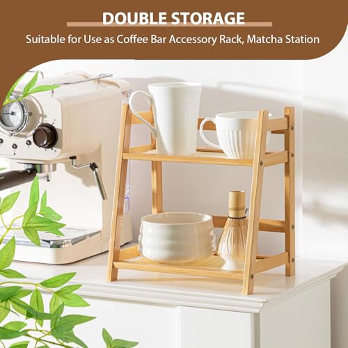Yalikop 1 Pcs 2 Tier Matcha Station Shelf Bamboo Coffee Mug Stand Countertop Storage Rack, Double Layer Rattan Office Cup, Kitchen, Tea, Plant, Bar Accessories Condiment Display(Wood,10.2 Inch) - color: Wood Color, size: 10.2 inch