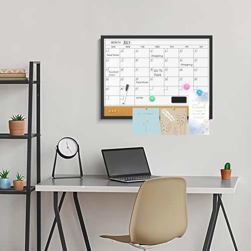 Dry Erase Calendar Cork Board Combo, 24 x 18 Inches Monthly Calendar Whiteboard for Wall, Magnetic White Board with Wood Framed, Hanging Dry Erase Board for Kitchen Home Office School Planner - size: 24"W x 18"H, style: Wooden Frame