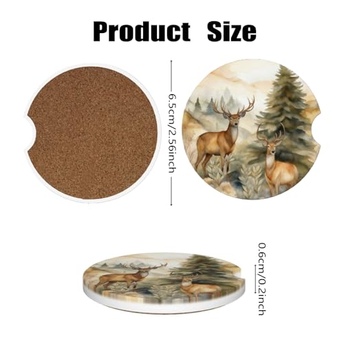 Car Cup Holder Coasters, 2 Pcs Ceramic Coasters with Finger Slot and Cork Back, Anti-Slip Shock Absorbing Women and Men Universal Car Accessories - Artistic Deer - color: Artistic Deer
