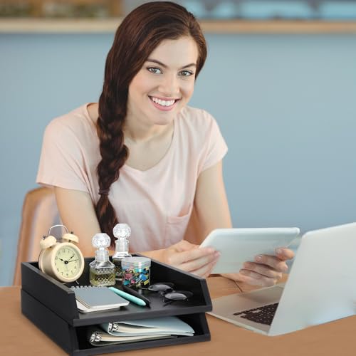 DoubleFill 2 Pcs Wooden Letter Trays 2 Tier Desktop Paper Organizer Wood Letter-Size Desk Document Tray Heavy Duty Stackable Paper Drawer Holder File Folder Back to School Office Home (Black) - color: Black
