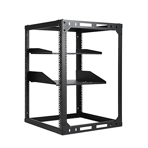 AEONS 15U Open Frame Network Server Rack 19-inch 4 Post AV Rack with Casters for Floor Standing and Wall Mount, Side Load for Extra Depth– Complete Kit with 1U and 2U Vented Shelves, Black - style: 15U-Kit