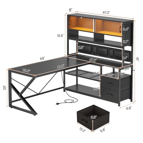 SEDETA L Shaped Gaming Desk, Home Office Computer Desk with 2 Drawer and Bookshelf, L Shaped Gaming Desk with LED Light, Glass Cabinet and Storage Bag, Corner Desk with Storage Shelves, Black - color: Black