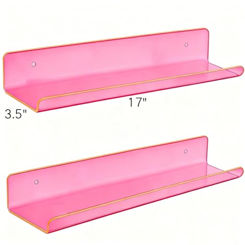 ROYALITA Small Acrylic Shelves Wall Mounted | Set of 2 | 17 Inches | Wall Hanging Plant Display Shelves, Room Decor Floating Wall Shelves for Gaming Room Bedroom, Living Room, Office, Pink - color: Neon Pink, size: 17 Inch