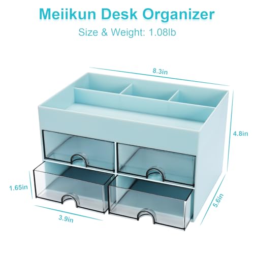 Meiikun Desk Organizer, Office Organizer with Drawer, Desk Accessories & Workspace Organizers, Pen Holder Office Supplies for Desk (4 Drawers+4 Compartments, Blue) - color: 4 Compartments + 4 Drawer (Blue)