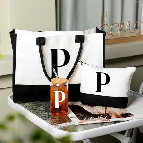 Aliceset Initial Gifts for Women Monogram Canvas Tote Bag and Makeup with Zipper and Initial Glass Coffee Cup Gifts for Her - style: Letter P