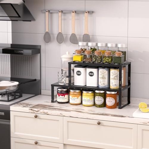 Heavy-Duty Adjustable Metal Shelf Organizer - Expandable & Stackable Pantry Storage Rack for Kitchen, Bathroom, RV, Cabinets(1 Pack/Black, Medium) - color: 1 Pack/Black, size: M:7.8"D x 16.5"W x 8.2"H