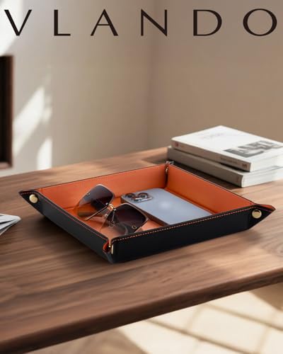 VLANDO Valet Tray for Men Women, Vanity Trays Catchall Tray for Dresser Top Desk Storage Bedside, Travel PU Leather Tray Jewelry Key Phone Coin Change Watches and Candy Holder Sundries Entryway Tray | Bright catchall tray for vanity, dorm room or desk sto