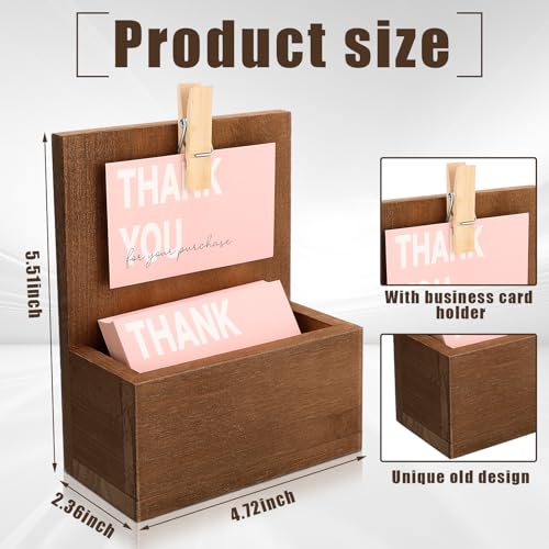 Wonderjune Wood Business Card Holder Vintage Wooden Open Card Stand Farmhouse Desktop Business Organizer Display Stand with Clip for Office Home Counters Tabletop Desk (Brown) - color: Brown