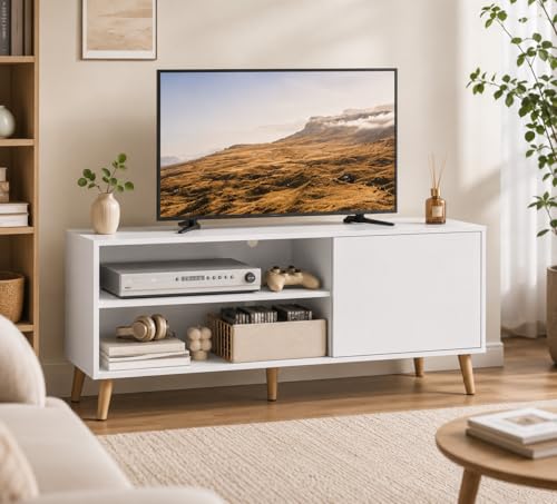 WLIVE TV Stand for 55 Inch TVs, Entertainment Center with Storage Cabinet, Mid-Century TV Stands for Living Room and Bedroom, 50" TV Console, White - color: White, size: 47 Inch