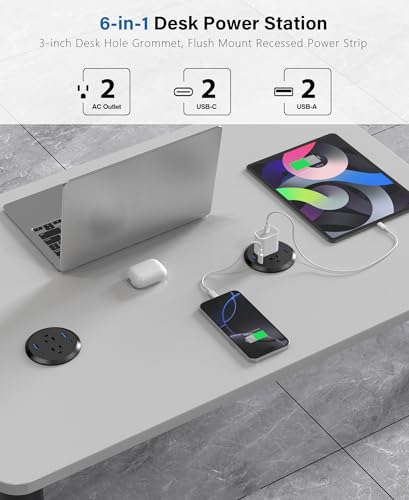 3 inch Desktop Power Grommet with PD 20W USB C,Furniture Recessed Power Strip,2 Outlets,4 USB Ports,40W Total,Flush-Mount for Desktop, Workspace Essential Desk Outlet (Black, 6 FT Cable)