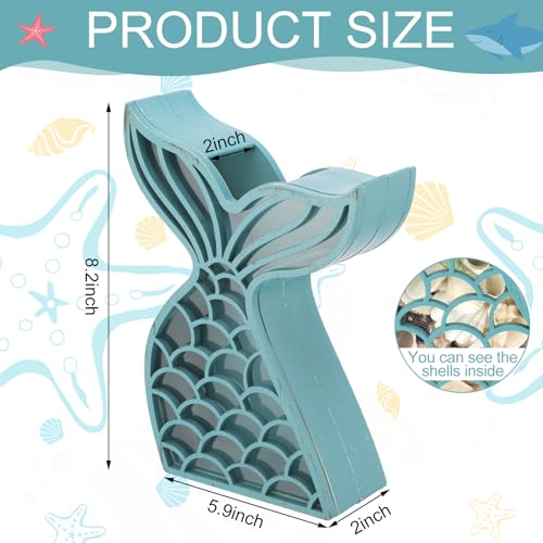 CroBlissful Green Mermaid Seashell Holder Seashell Display Box Wooden Small Starfish Shell Display Case with Acrylic Clear Window Shark Tooth Collection Box for Shells Sea Rock Home Decor Present - color: Green, style: Mermaid