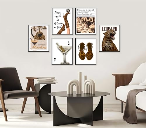 6Pcs Trendy Retro Leopard Wall Art Preppy Cheetah Wall Decor Stockholm Style Posters Stylish Female Aesthetic Pictures Y2k Coquette Luxury Painting for Women Bedroom Apartment Dorm 8x10in Unframed - size: 8x10in