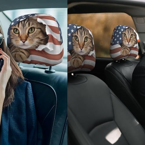 Dujiea 2 Pack American Flag Cat Car Headrest Covers, Universal Soft Car Seat Head Rest Cover Protector, Vehicle Accessories Fabric Headrest Cover for Cars Vans Trucks - color: American Flag Cat